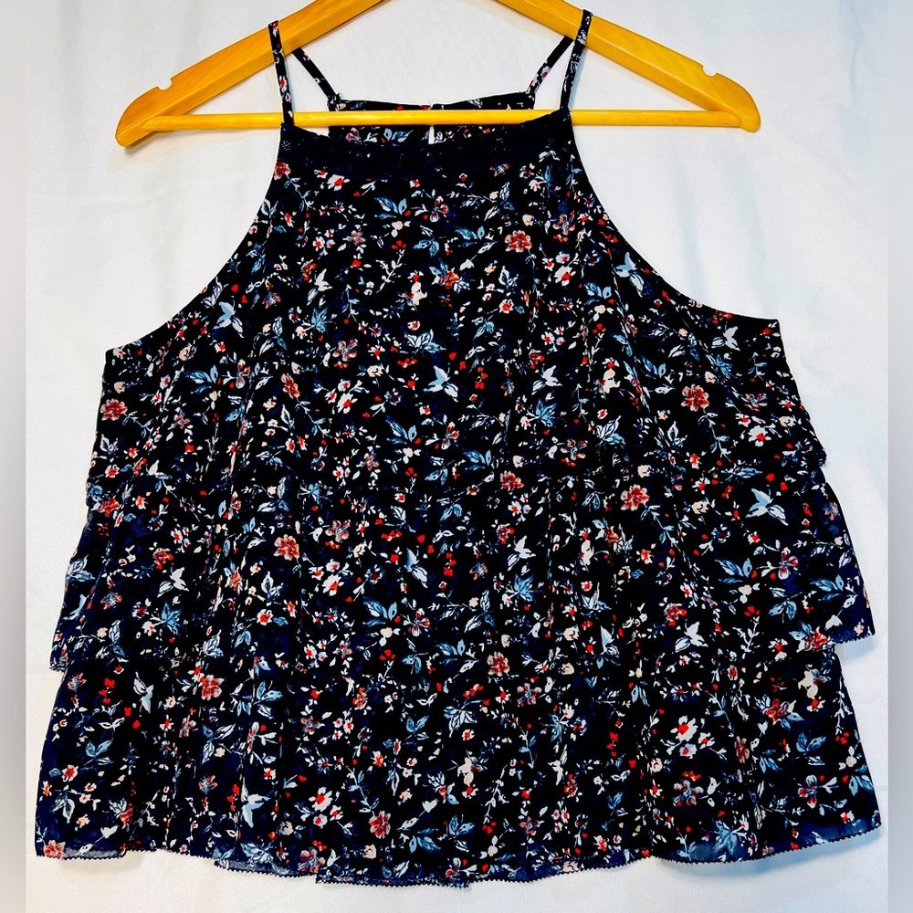 Abercrombie & Fitch Ruffle Floral Blue, White Red Women’s Tank Top Blouse Size L
